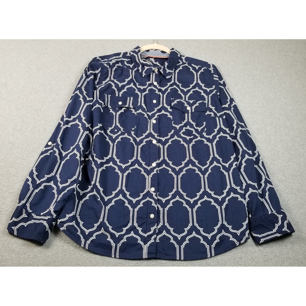 St. John's Bay Button Up Shirt Womens XL Blue White Geometric See Through Cotton